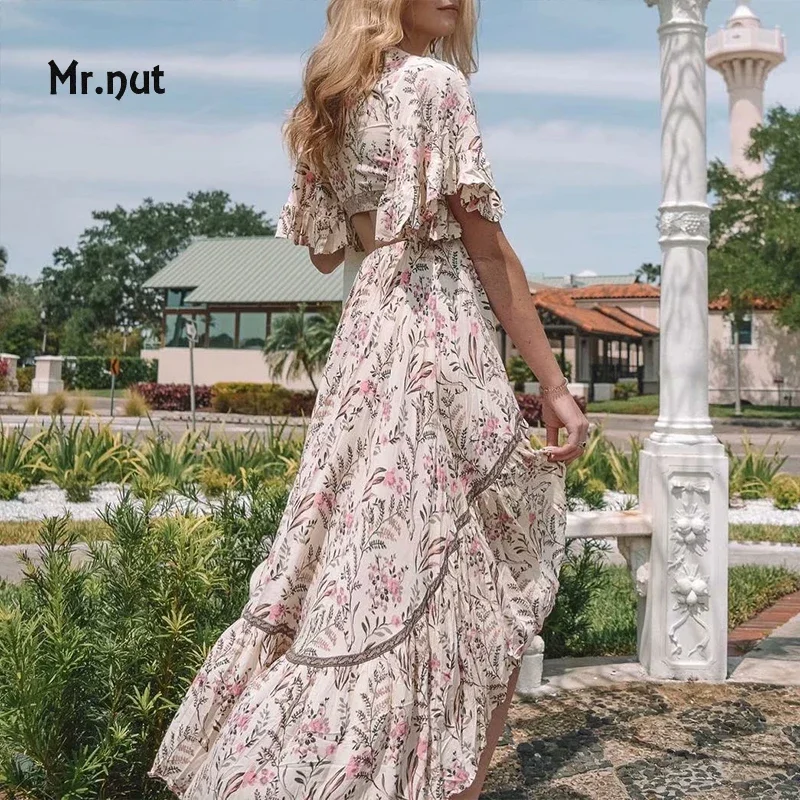 Mr. Nut Bohemian Style Waist Baring Printed Vacation Dress with Bow Decoration Front Short and Back Long Beach Big Swing Dress