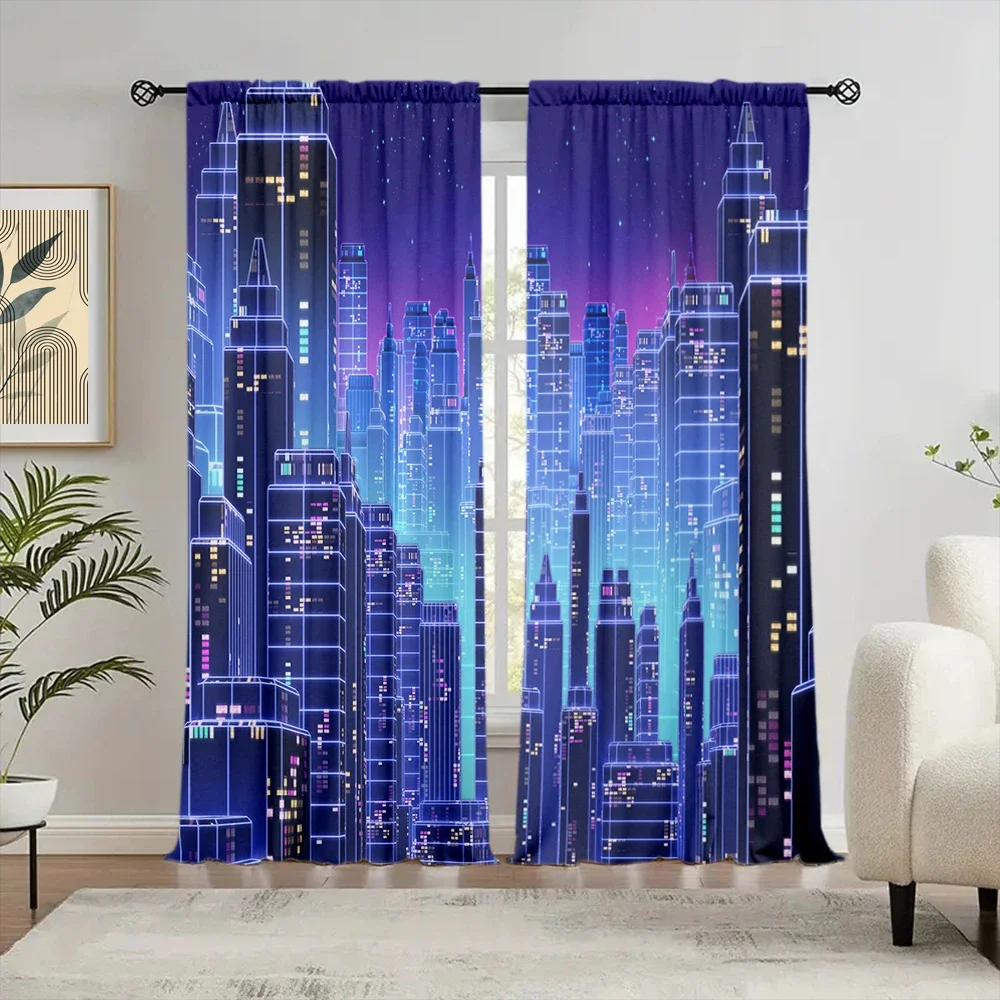 2pcs Neon City Printed Curtain for Home Decor - Rod Pocket Window Treatment for Bedroom, Office, Kitchen, Living Room, and Study