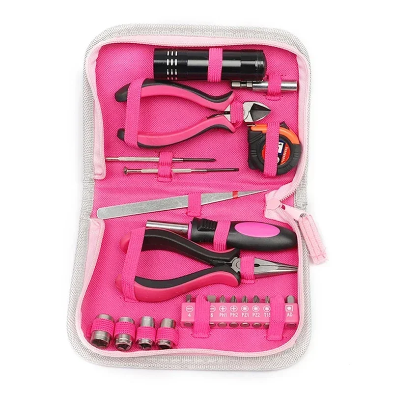 23Pcs Pink Screwdriver Pliers Tool Kit Multifunctional Plier Screw Tape Measure Hand Repairing Tool Women Household Repair Tool