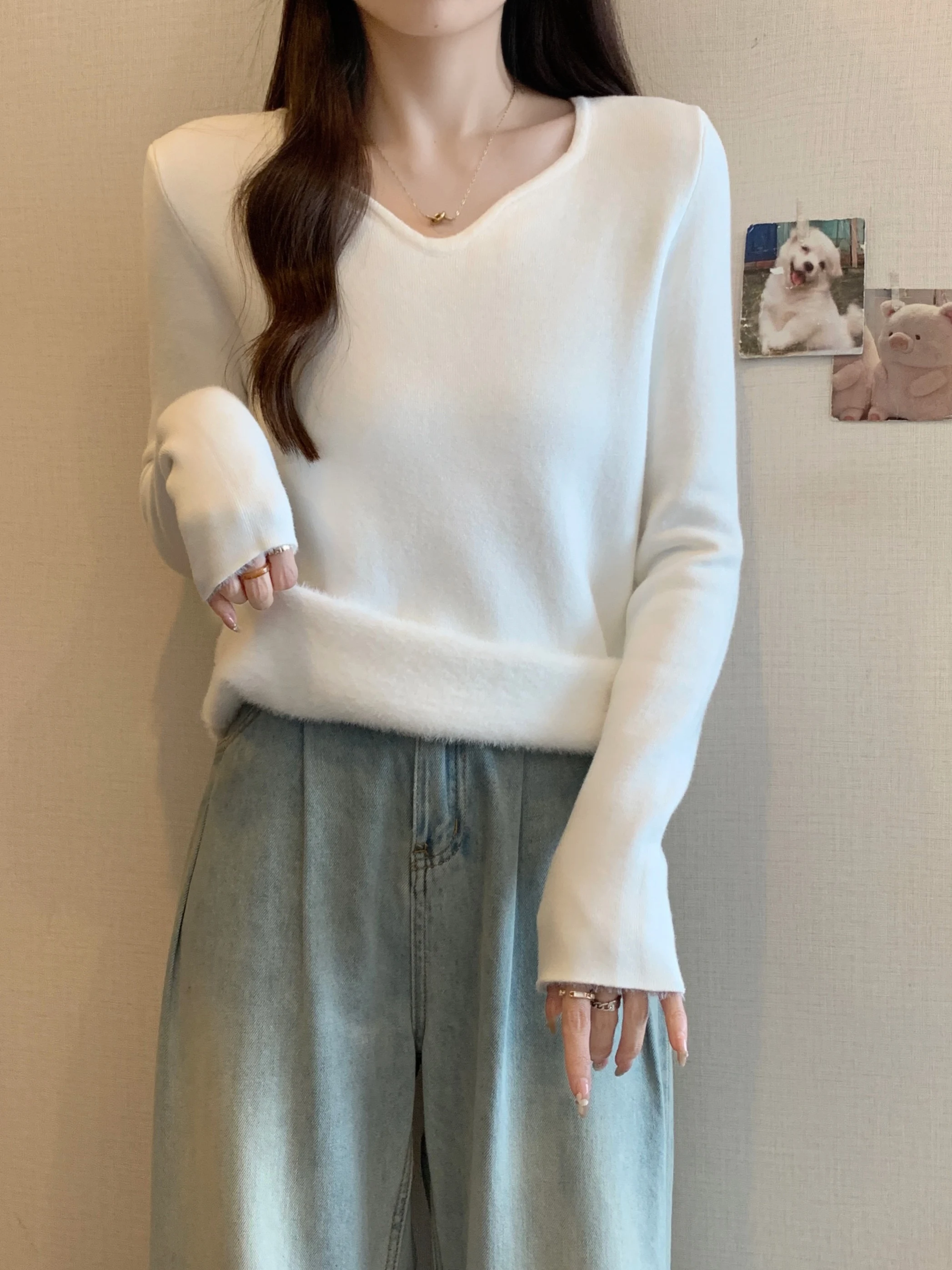 Damska dzianinowa bluzka plus size z podszewką z polaru, ocieplana, z długim rękawem, dekolt w serek, ciepła, z wysokim stanem, w stylu koreańskim, dopasowana.