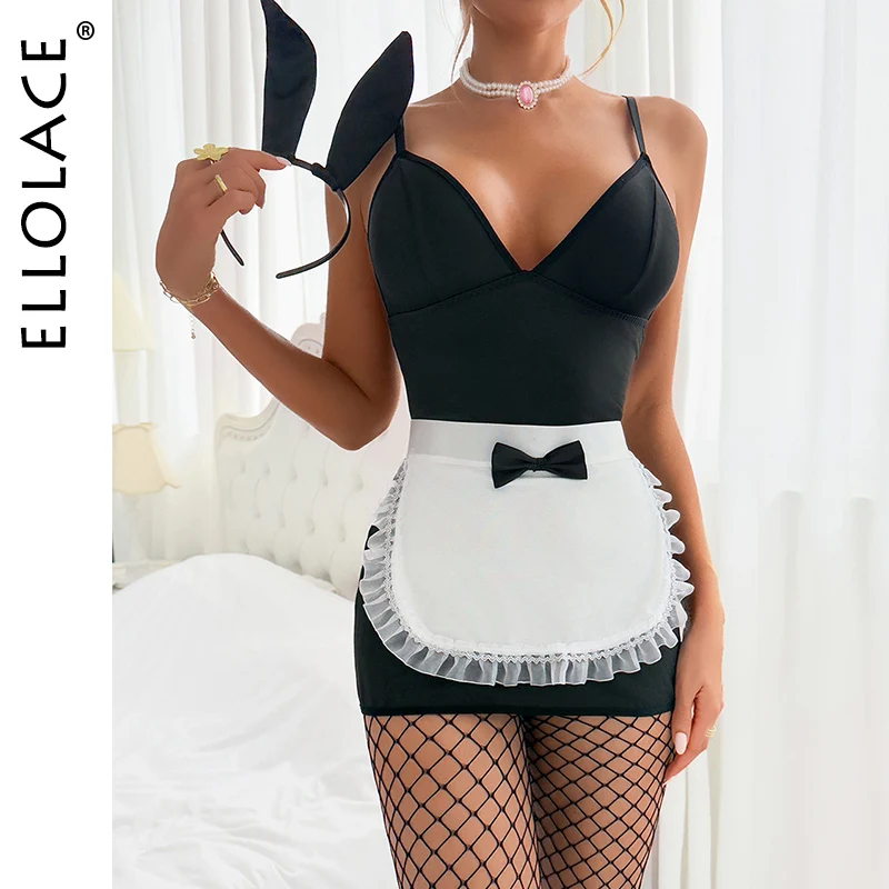 Ellolace Halloween Lingeries Femme Ultra Hot Sensual Dress Apron Bunny Headband Stockings Sexy Mini Bodycon Maid Cosplay Costume view 2