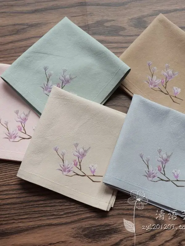 Traditional Chinese Hanfu Style Magnolia Print 100% Cotton Soft Absorbent Square Handkerchief Portable Hankies For Women Kids