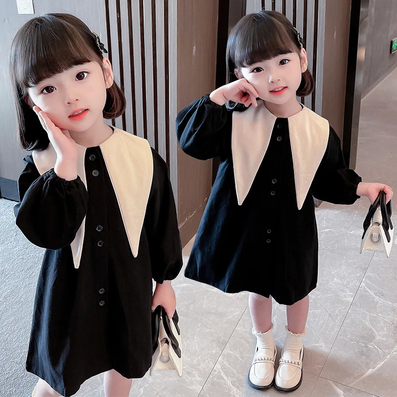 Girls' dress young girls' long-sleeved small black dress shirt jacket skirt princess dress children's dress 2-7Y children's shir