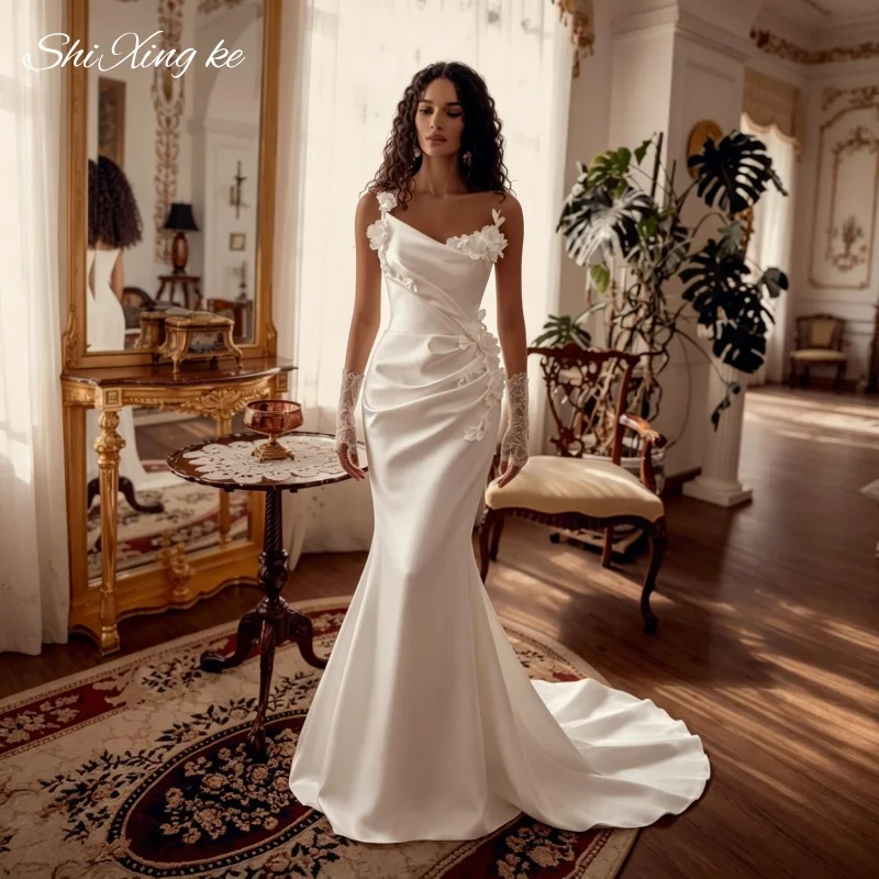 Elegant Bridal Gown Satin Mermaid Asymmetrical Neck 3D Flower Fitted Wedding Dress Vestidos De Novia Customized