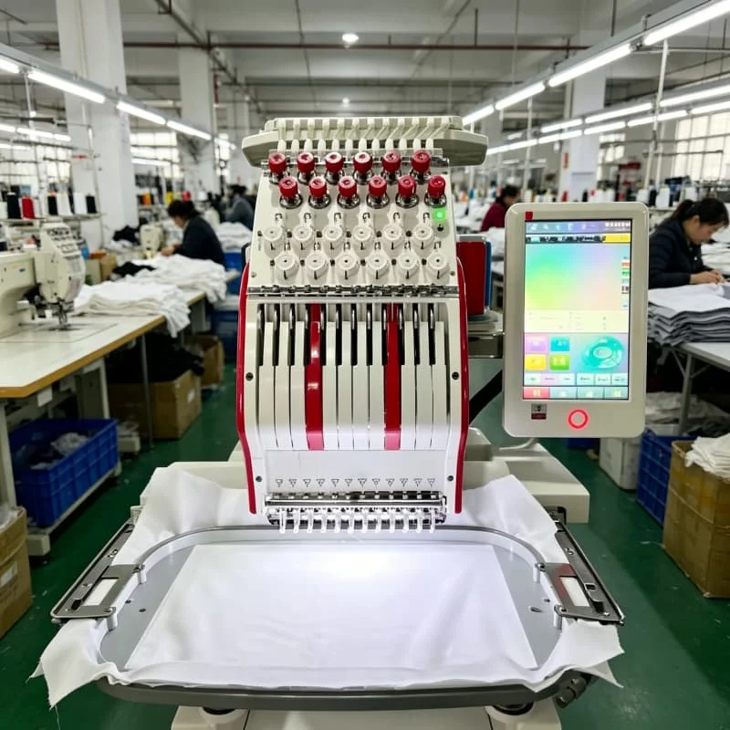 Single Head Computerized Embroidery Machine With Auto Start Color Change Customized 12 Needle 1000 SPM For Cap T Shirt Denim