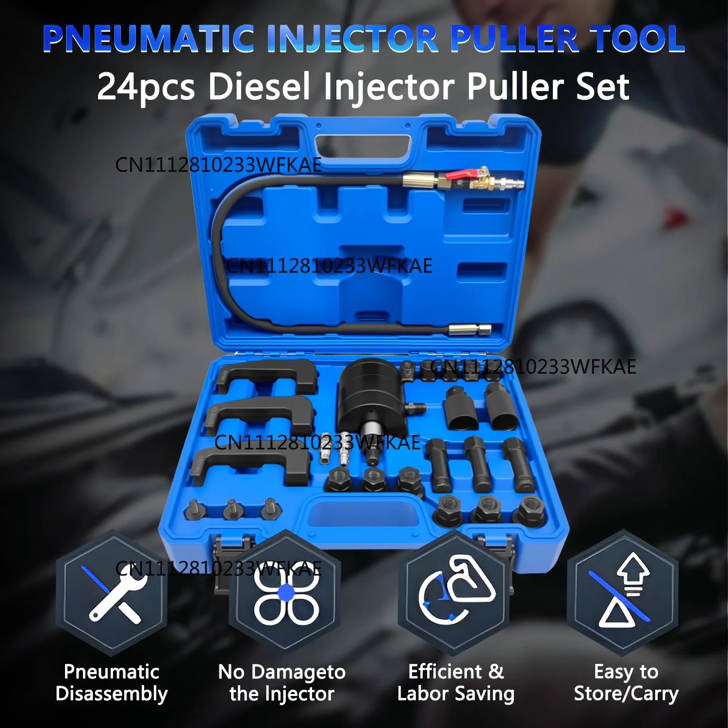 24 Piece Pneumatic Diesel Injector Puller Kit, Pneumatic Injector Extractor Puller Kit with 19 Adapters