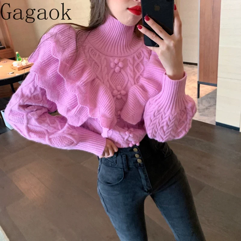 Gagaok-女性用ハイカラーフリッドジャストワイトセーター、ルーズニットシャツ、スリム韓国トップ、新品、秋、冬、2023