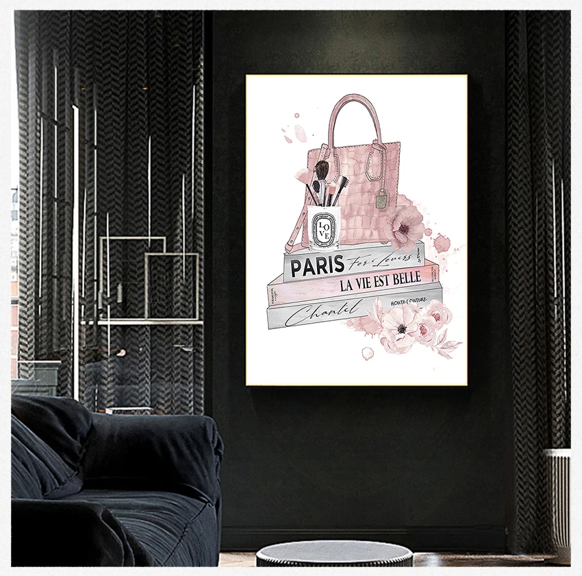 Print Wall Painting Beauty Salon Girls Room Decoration Creative Picture Fashion Art Poster Pink Luxury High Heels Bag Canvas