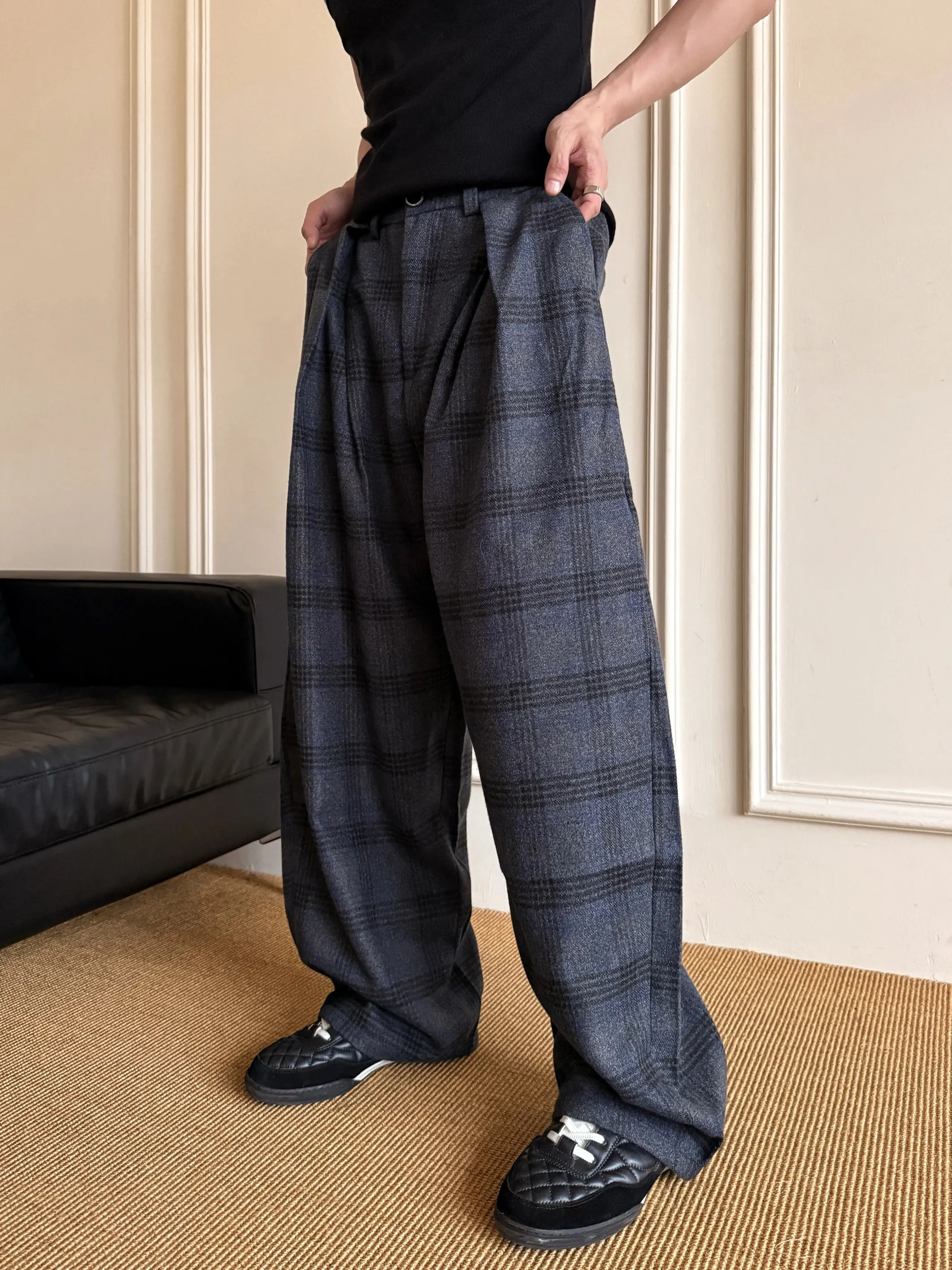 

Американские Ретро Brued Твидовые клетчатые эластичные талии Свободные повседневные брюки Lazy Match Все широкие брюки Мужчины Женщины Поездные прямые брюки