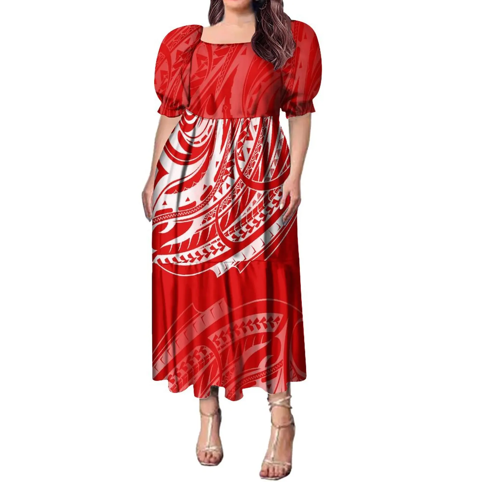 

Summer Women'S Puff Sleeve Dress Women'S Short Sleeve Maxi Polynesian Design Print Samoan Dress Support Customization