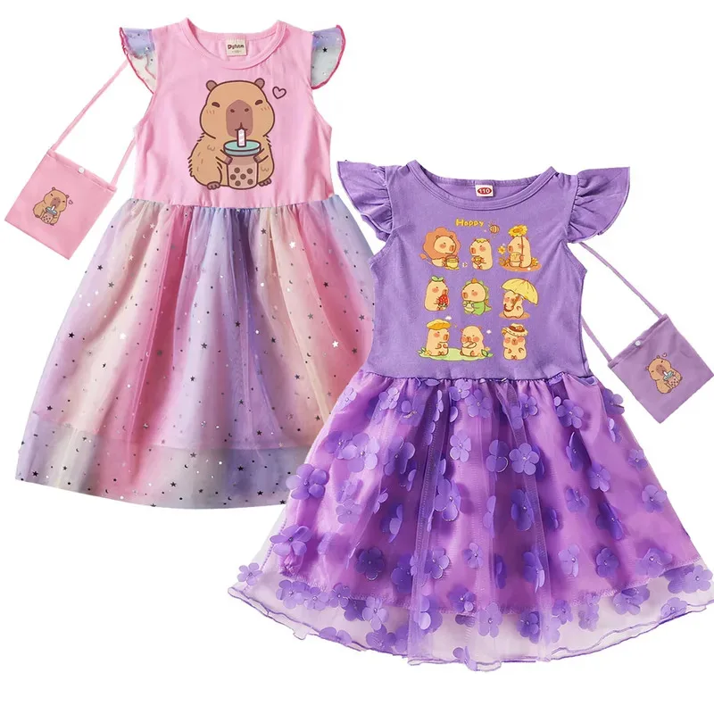 zz04zz12Kids الملابس القطنية فستان لطيف كابيبارا مطبوعة الدانتيل فساتين الأميرة طفل الفتيات حفلة عيد ميلاد هدية فستان