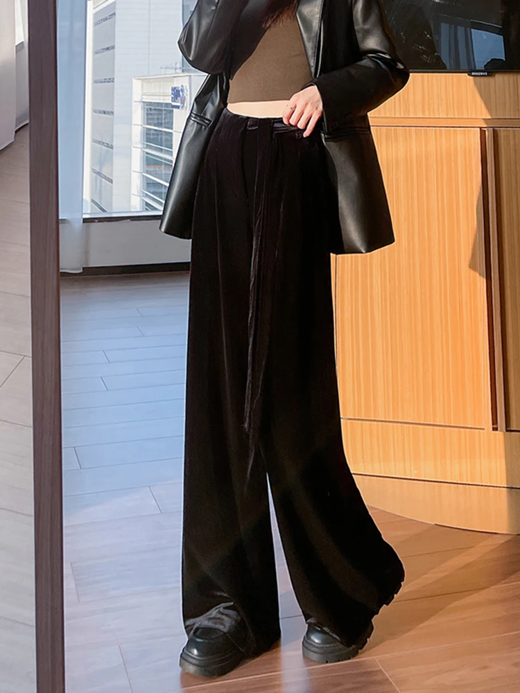 กางเกงขายาวทรงตรงผ้ากำมะหยี่สไตล์เรโทรสำหรับผู้หญิง เอวสูง ทรงหลวม ผูกเชือก สไตล์เกาหลี วินเทจ สำหรับฤดูใบไม้ร่วงและฤดูหนาว ดูสง่างาม