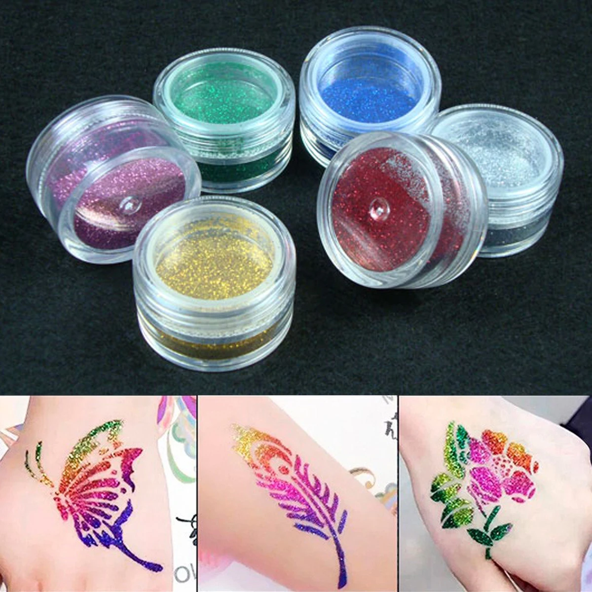Juego de tatuajes con flash temporal, tatuajes con flash divertidos de 6 colores, adecuado para pintura corporal, viene con 14 plantillas únicas, patrones de plantilla y pincel de pegamento, fácil de aplicar y quitar, adecuado para graduación, ceremonia de apertura escolar, Halloween, Navidad, festival de música, boda, viajes, fiesta de maquillaje QlaZh