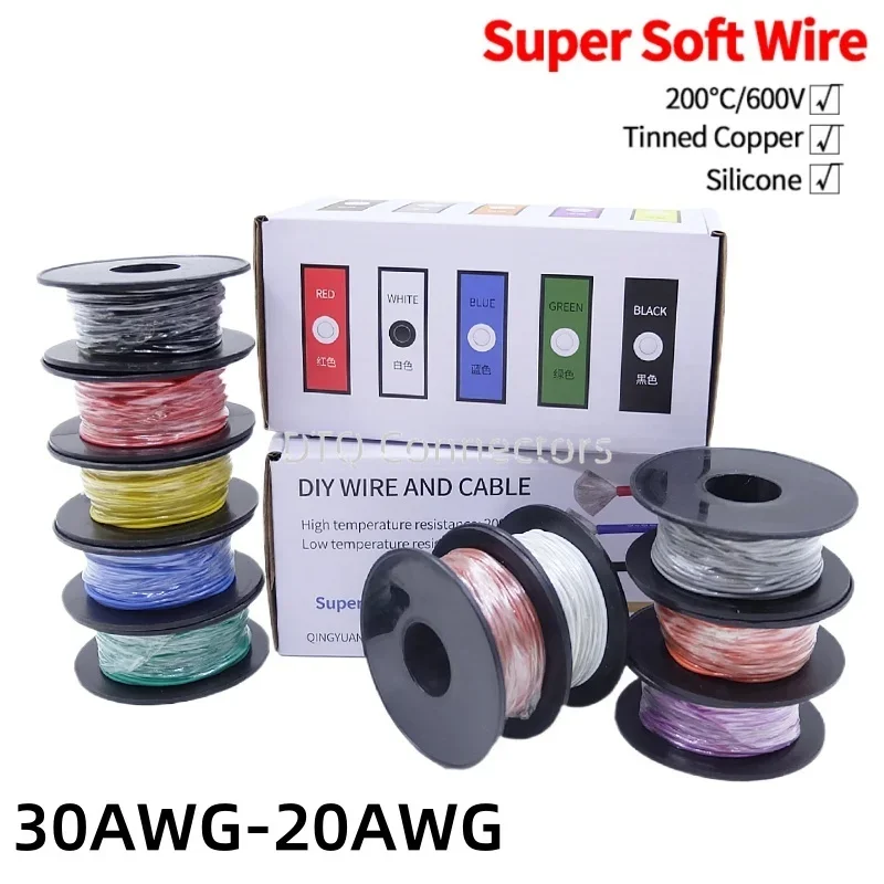 Super Soft Copper Wire Box (5 Colors Mix Kit) Heat Resistant Flexible Silicone 30/28/26/24/22/20AWG Electric Tinned Copper Cable