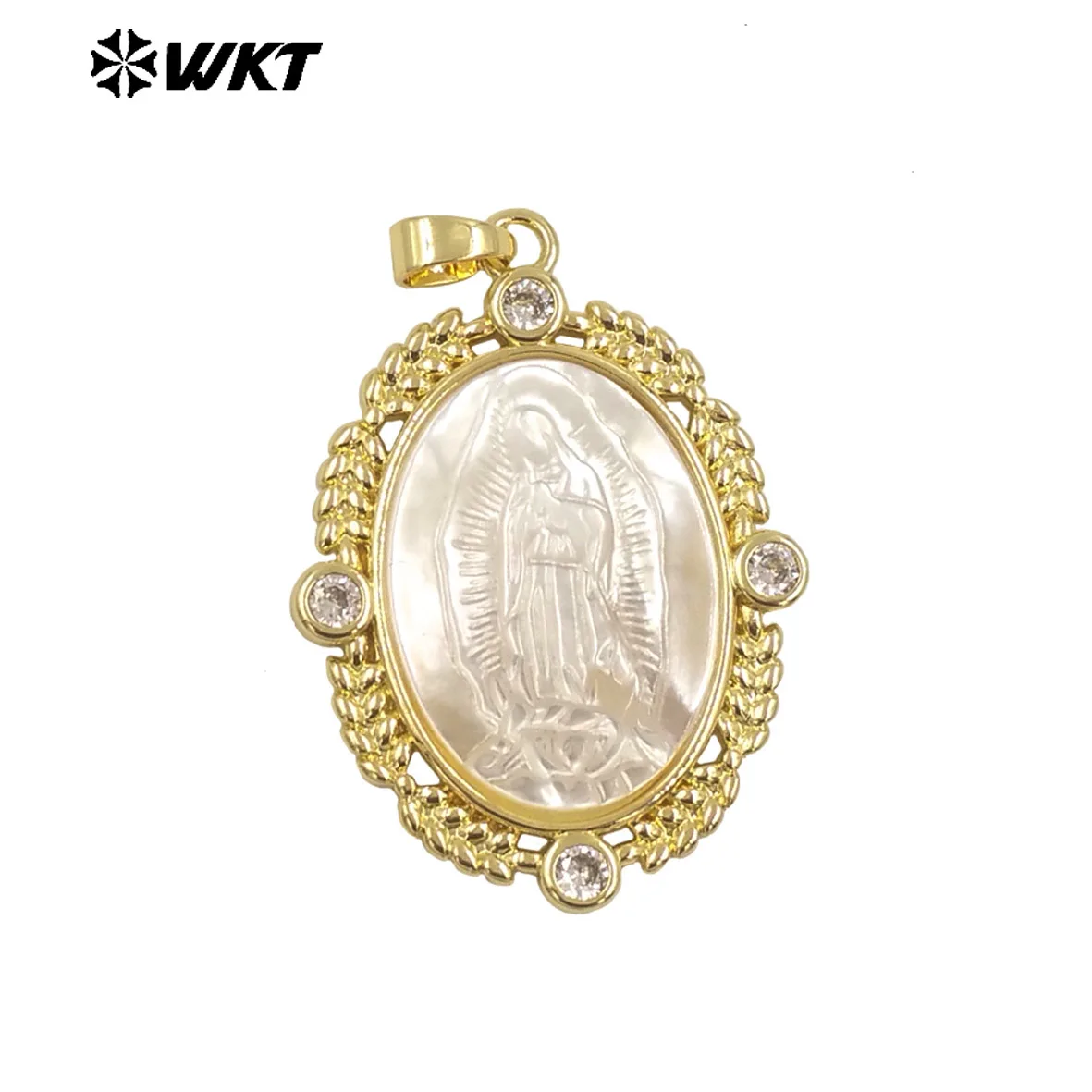 

WT-JP369 Удивительный WKT Эксклюзивный 18-каратный позолоченный ободок с цирконом Очарование вокруг подвески ручной работы с резной белой ракушкой Девы Марии