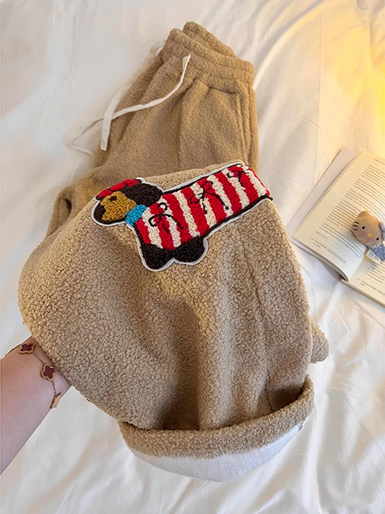 

Брюки из овечьей шерсти с вышивкой, хлопковые штаны для мужчин и женщин, теплые зимние брюки на флисовой подкладке, прямые повседневные брюки