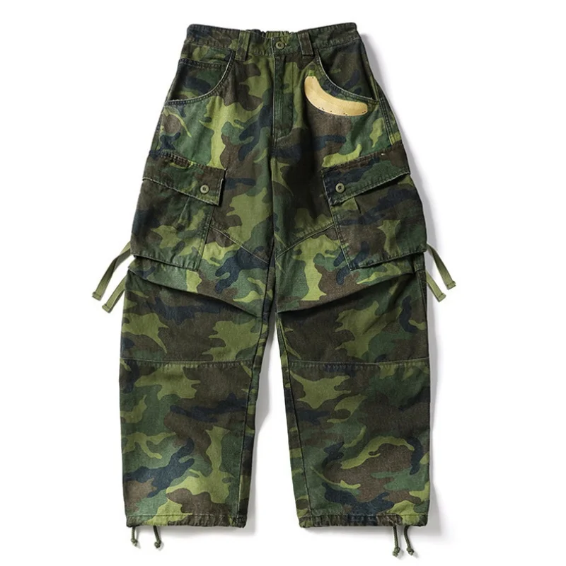 

American Fashion Camouflage Cargo Pants Pleated Drawstring Design Multi-Pocket Wide Leg Banana Printing Casual Pants