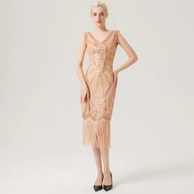 

Sequined fringed dress for banquet and party double-collared cocktail women