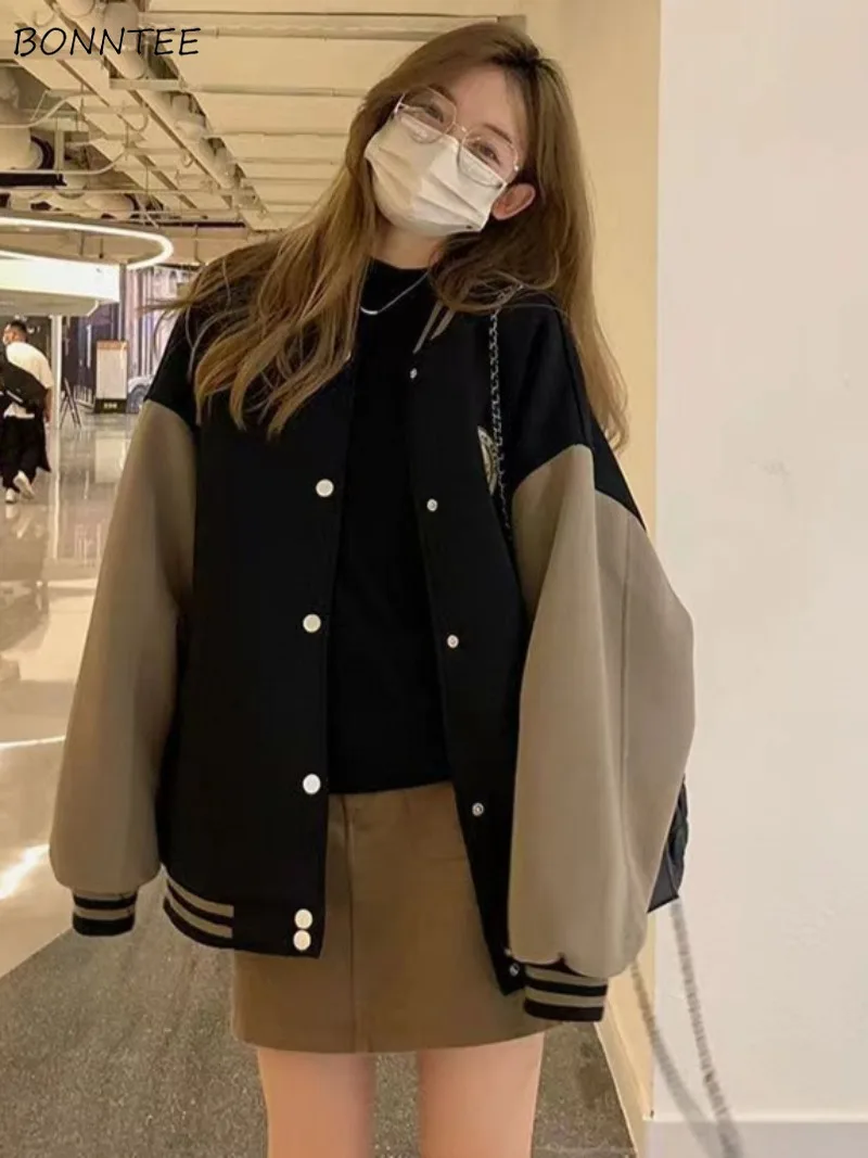

Baseball Jackets for Women Slouchy Age-reducing Design All-match Ins Korean Fashion Panelled Autumn Winter Outwear Daily Student