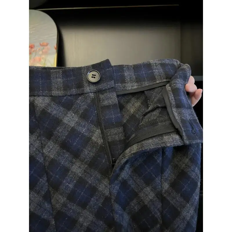 Saia feminina outono e inverno sarja azul cinza xadrez flanela midi saia engrossado para mulheres inverno feminino casual wear
