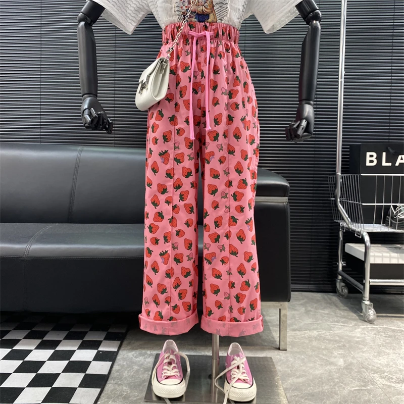 

New 2022 Designer new style Famous brand Pink strawberry Casual Pants summer Elastic waist Loose Wide leg straight pants