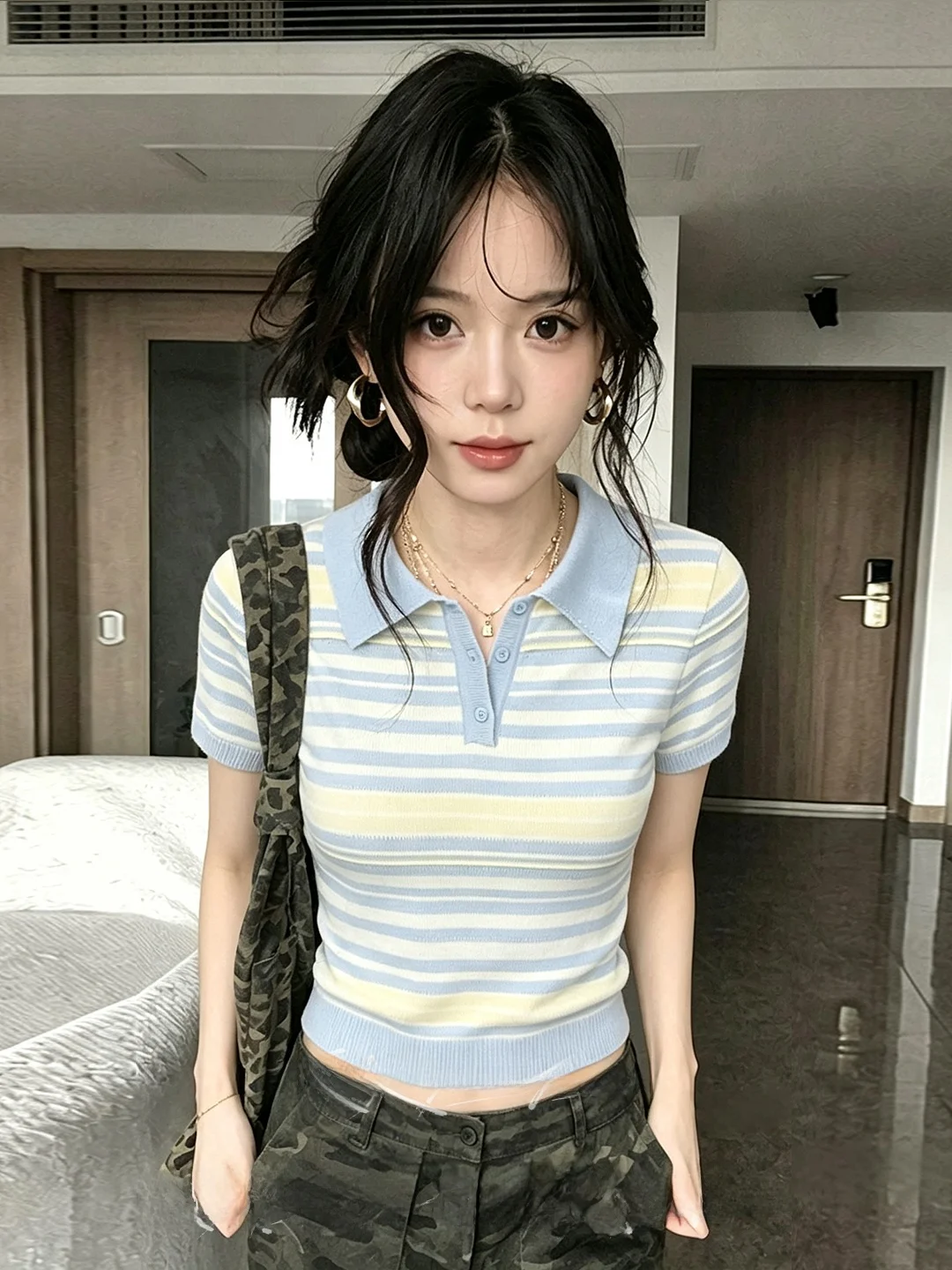 Slim Fit Neck Knitted Shirt Women's Short Sleeve Striped Summer New Style College Style Soft Polyester Fiber Skin Friend...