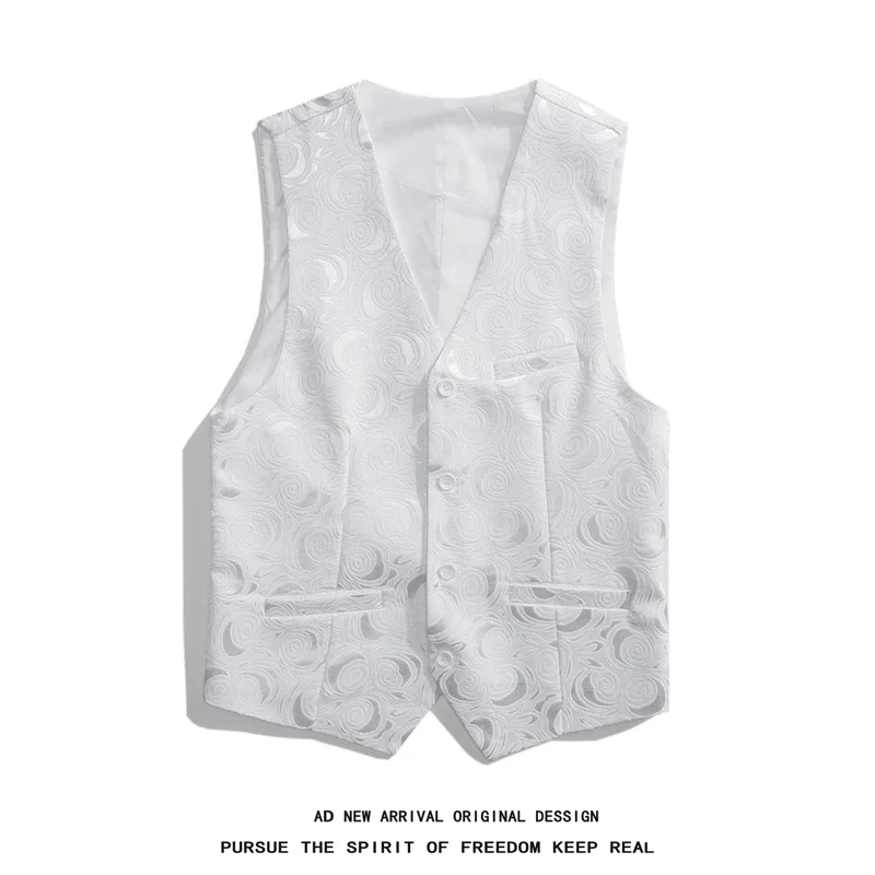 Giacca da uomo senza maniche con scollo a V ricamato con rose bianche, gilet da abito monopetto nero con bottoni, gilet di taglie asiatiche.