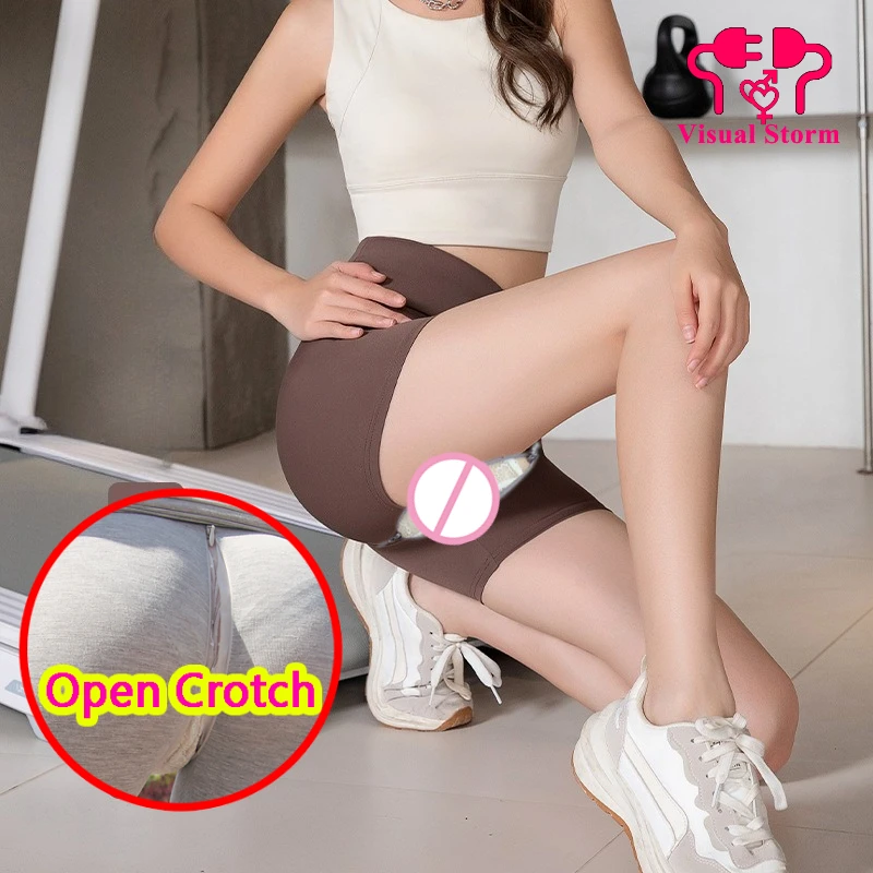 Woman Open Crotch Pants with Hidden Zipper Shorts Sport Trousers Crotchless Leggings Outdoor Quick Take Off Underpants Sexy Pant