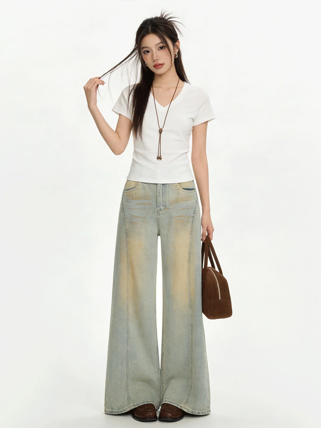 

Женские джинсы с широкими штанинами в стиле ретро, с высокой талией, свободные, прямые, длинные, универсальные, весенние, из денима