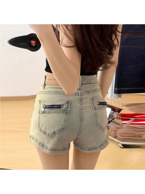 

High Waist A-Line Denim Shorts Women's Summer Thin Elastic Design Slimming High Waist plus Size Hot Pants College Style