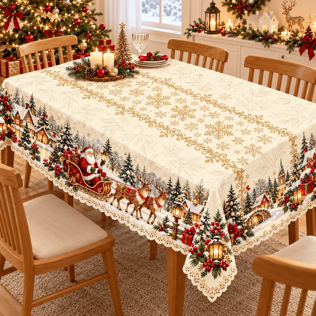 1 square tablecloth, Christmas cream-colored white printed tablecloth, exquisite vintage lace design, Christmas table decoration