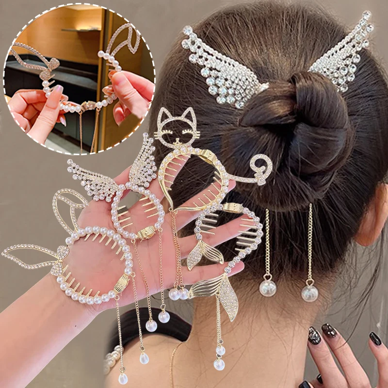 Crystal Rabbit Wings Hairpin Elegant Ponytail Pearl Tassel Grab Clip Frog Buckle Hair Clip Female Korean Hair Style Accessories