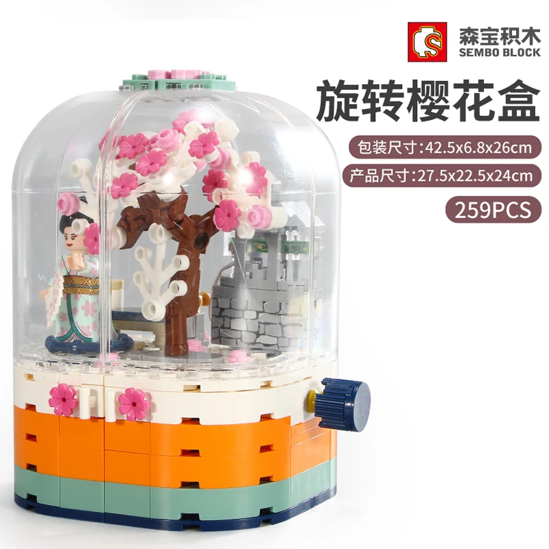 

259pcs Creative Series Cherry Blossom Rotating Box Building Blocks Street View Sakura Tree House Bricks Toys For Children Gifts
