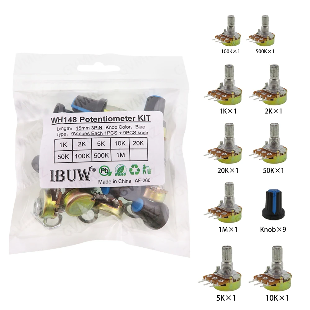 18PCS (9Values + 9Knobs) WH148 Potentiometer Kit with Blue Knobs for Audio Equipment & DIY Circuit Adjustment (1K-1MΩ 15mm 3PIN)