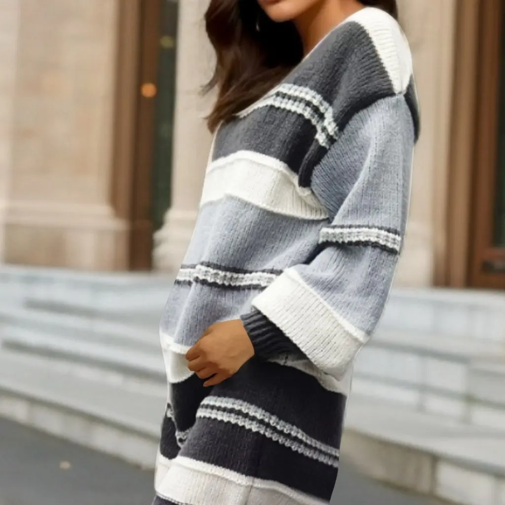 Vestido suéter de punto de talla grande para mujer Otoño Invierno estilo europeo americano de manga larga ajuste suelto con rayas de contraste