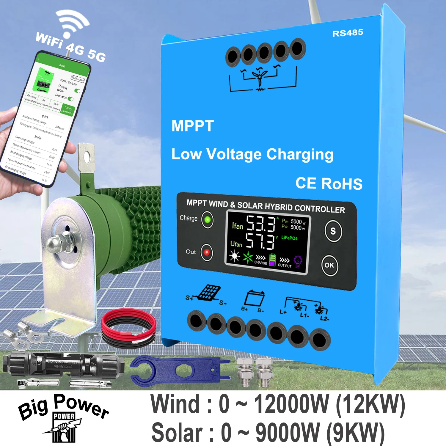 NEW WIFI 5KW 3000W 12V24V48V MPPT Hybrid Solar Controller Wind Turbine,With Unloading Load LCD Display, For Lifepo4 Full Battery