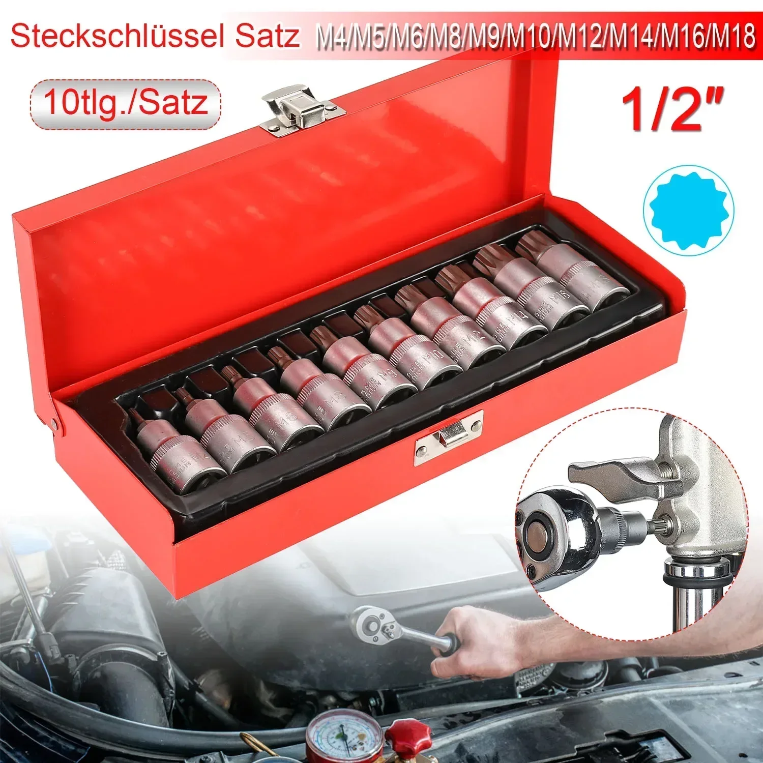 10PCS Multi-Tooth Sleeve Multi-Size 1/2inch Drive Head Sleeve Set Socket Set Socket Wrench Kit Bolt Iron Box Packed