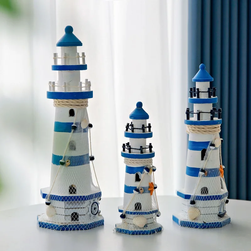 Wooden Double Layered Lighthouse Figurine, Observation Tower Nautical Themed Mediterranean Style Rooms Home Tabletop Decor Gifts