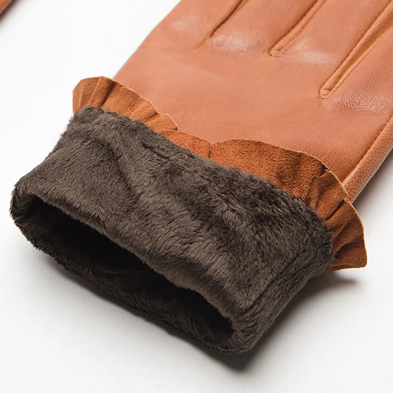 GOURS Winter Real Leather Gloves Women Light Brown Genuine Goatskin Gloves Fashion Fleece Lined Warm Floral Border New GSL054