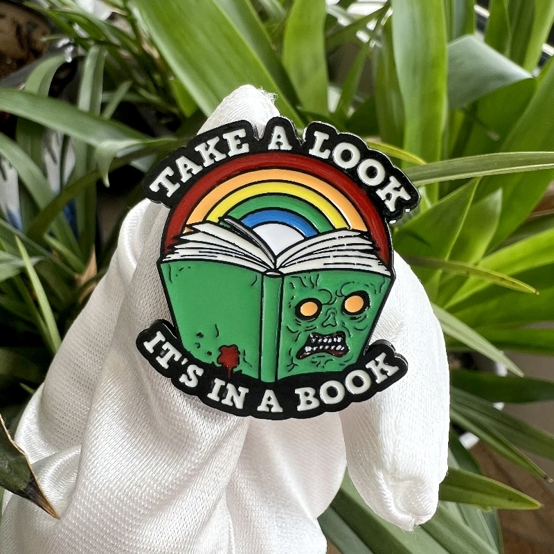Punk Halloween Green Angry Book & Rainbow Enamel Pin - ''TAKE A LOOK,IT'S IN A BOOK'' Badge - Spooky Goth Brooch for Clothes