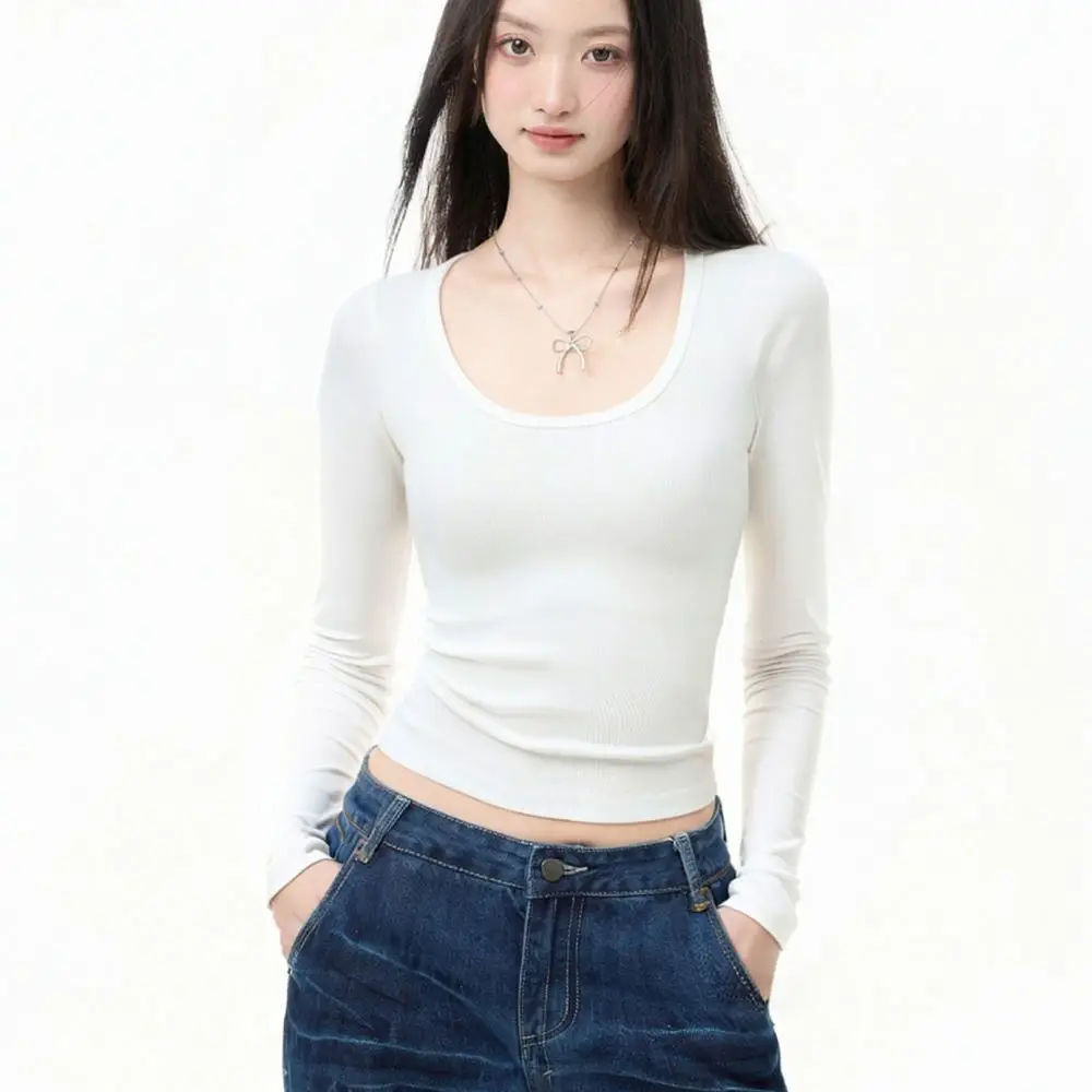 Women Square Neck Long Sleeve T Shirt Autumn Slim Fit Base Layer Solid Color Elegant Basic Pullover Casual Daily Wear