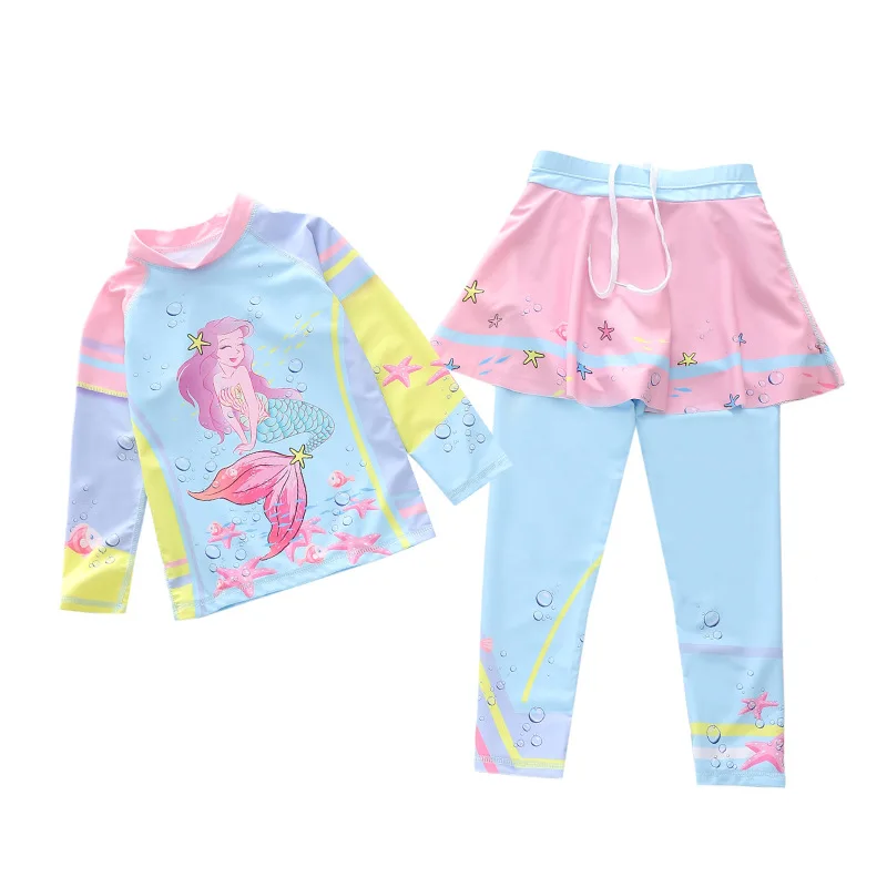 

HappyFlute 2PC Sets Mermaid Prints Princess Style Long Sleeve Beach Quick Drying Sunscreen Girls Swimsuit