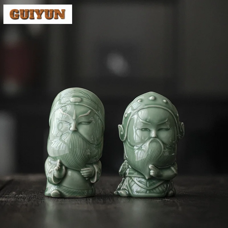 Celadon Handmade Guan Gong Tea Pet Household Relief Tea Pet Luxury Tea Figurine Tea Statue Puer Tea Services Supplies Decoration