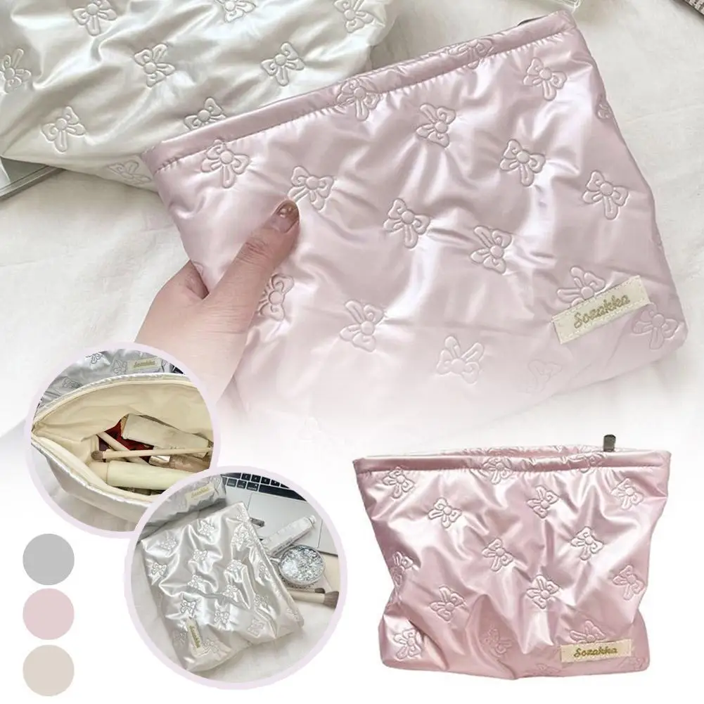 

Cosmetic Bag Large Capacity Multi-function PU Heart Supplies Quilted Sweet Bow Decor Women Cosmetic Clutch Bag
