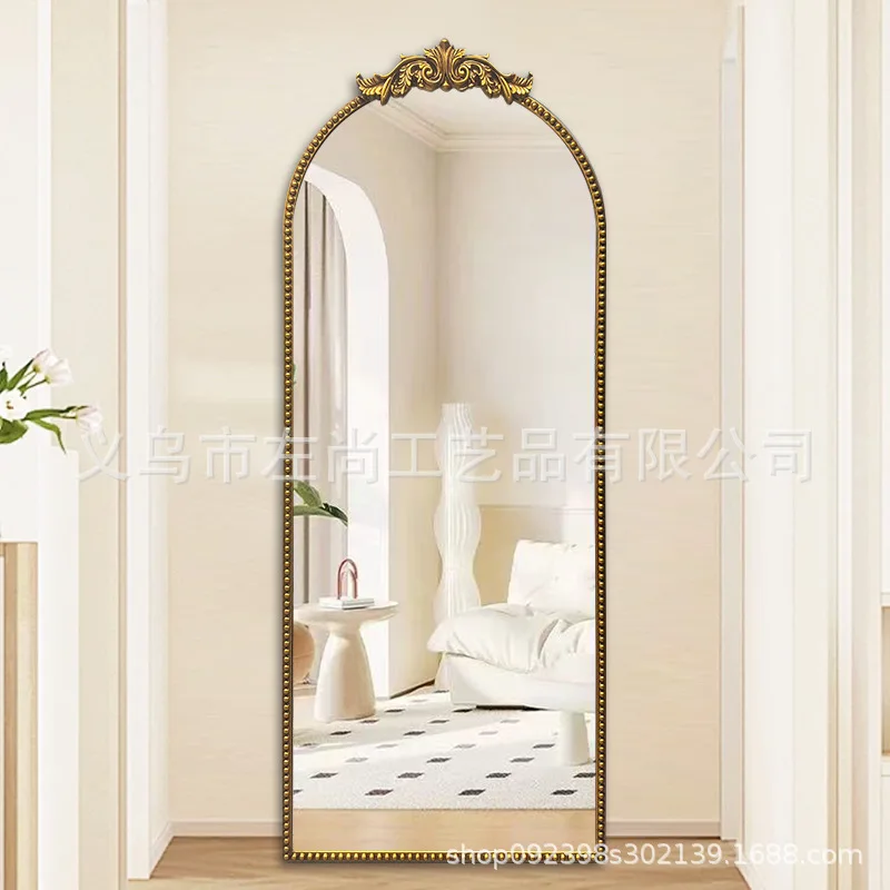 Wall-mounted full-body European light luxury full-length arched floor mirror retro fitting mirror engraving