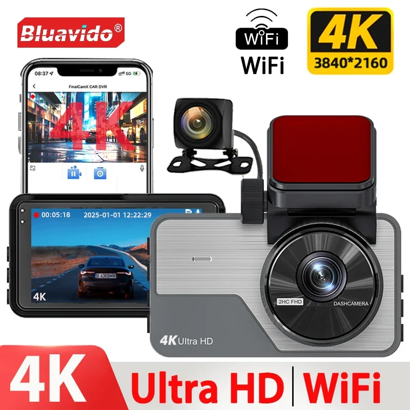 4K Ultra HD Dual Dash Cam 3.0'' IPS Screen WiFi Connection With App Control 170° Wide Angle Night Vision G-Sensor Parking Mode