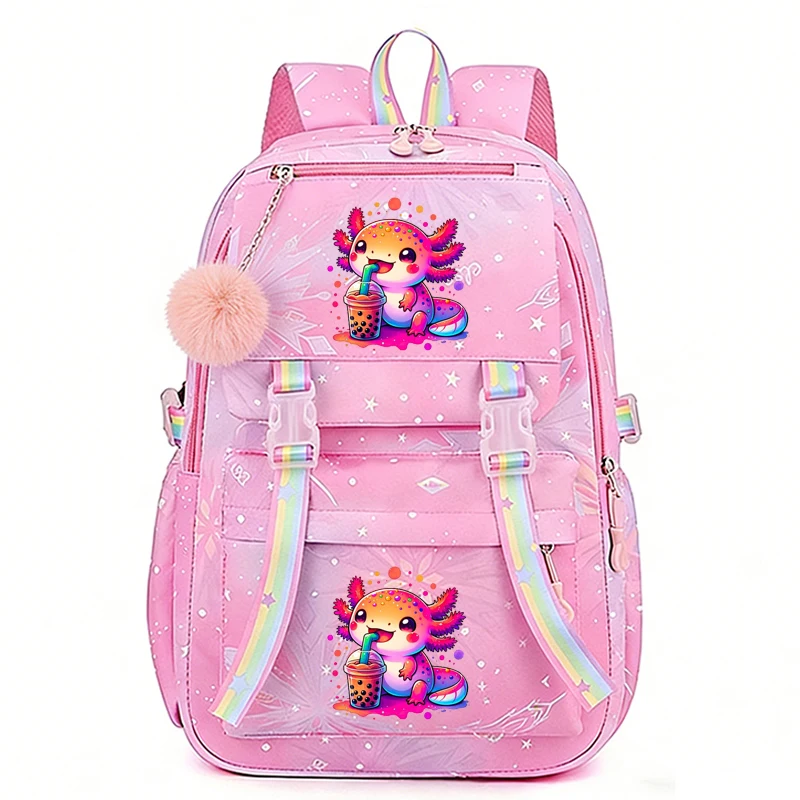 Rainbow Axolotl Boba Print Backpack Bag Large Lightweight Bookbag Cute Cartoon Schoolbag for Girls Casual Travel Commute Daypack