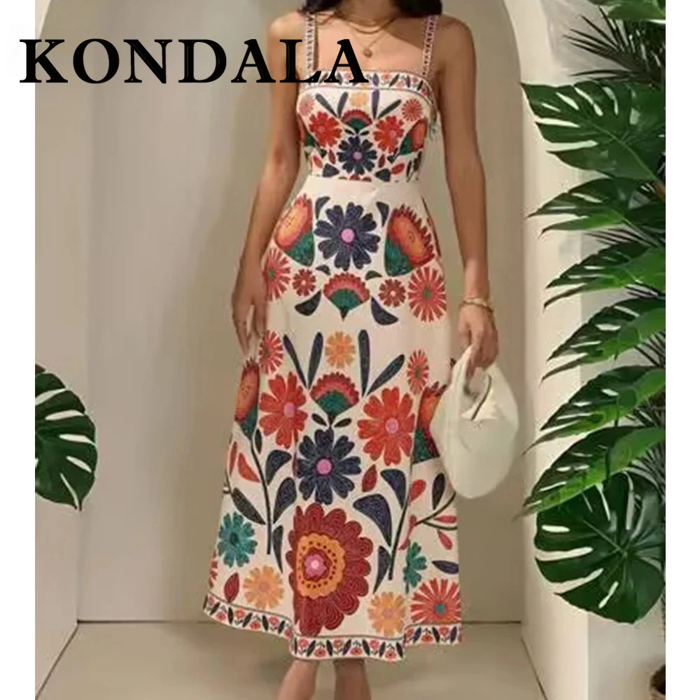 Kondala vintage floral retalhos bohe mulher vestido moda 2025 verão y2k vestido longo férias praia elegante sem mangas