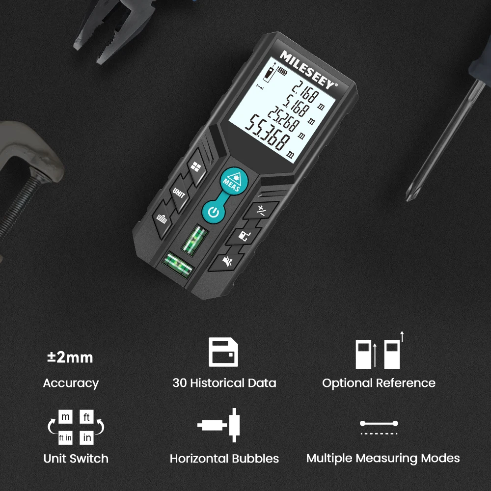 Mileseey D2 Distance Laser Meter, 40M 120m Digital Trena Measurement Instrument,Double Level Bubbles, Range Finder For Home