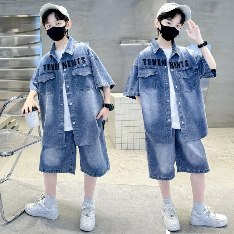 Boys Summer Short Sleeve Denim Suit Medium and Older Children Summer Children's Middle Pants Boys Two-piece Set
